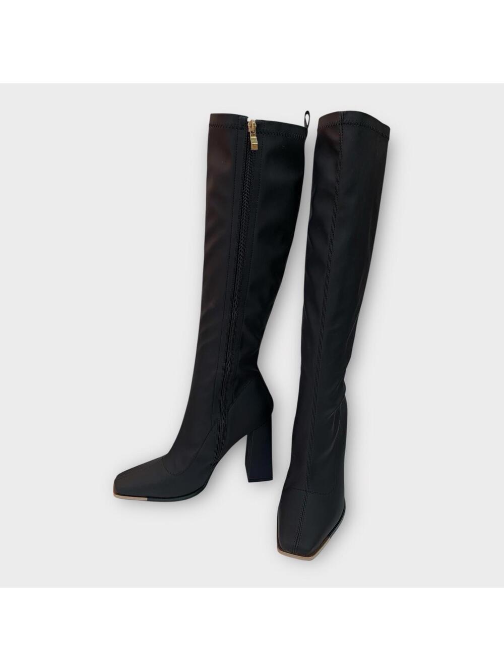 New Womens Black Square Toe Block Heel Zip-Up Dress High Long Gogo Boots 8.5 M